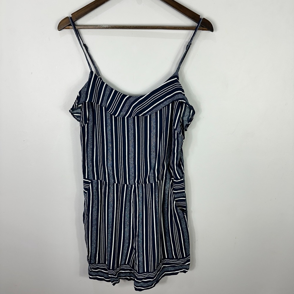 Ann Taylor LOFT Romper Womens 10 Navy Blue Stripe Preppy Coastal Resort Natuical